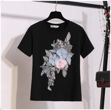 Load image into Gallery viewer, Women Embroidery Sequins 3D Flower Short Sleeve Cotton Tshirt + Hole Jeans Two Piece Pant Denim Set