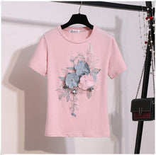Load image into Gallery viewer, Women Embroidery Sequins 3D Flower Short Sleeve Cotton Tshirt + Hole Jeans Two Piece Pant Denim Set