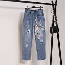 Load image into Gallery viewer, Women Embroidery Sequins 3D Flower Short Sleeve Cotton Tshirt + Hole Jeans Two Piece Pant Denim Set
