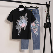 Load image into Gallery viewer, Women Embroidery Sequins 3D Flower Short Sleeve Cotton Tshirt + Hole Jeans Two Piece Pant Denim Set