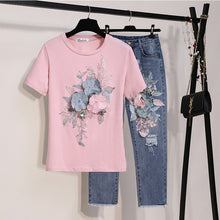 Load image into Gallery viewer, Women Embroidery Sequins 3D Flower Short Sleeve Cotton Tshirt + Hole Jeans Two Piece Pant Denim Set