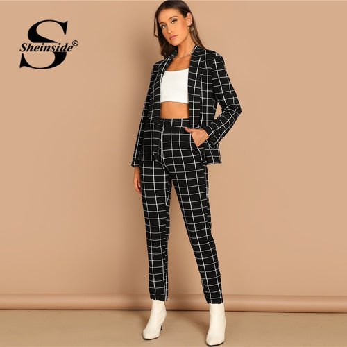 Sheinside Fashion Shawl Collar Plaid Blazer And Tapered Pants Set Women Spring Elegant Workwear Plaid Blazer 2 Piece Set