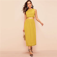 Load image into Gallery viewer, SHEIN Elegant Brown Buttoned Back Lace Trim Crop Top and Long Skirt Set Women Spring Summer 2019 Sleeveless Fitted Two Piece Set