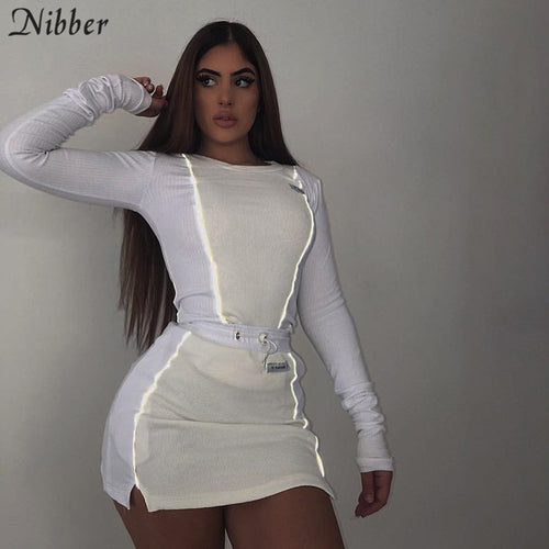 Nibber fashion Reflective patchwork sportswear 2pieces sets femme 2019new white knitting tops women tee mini shirts skirts suits