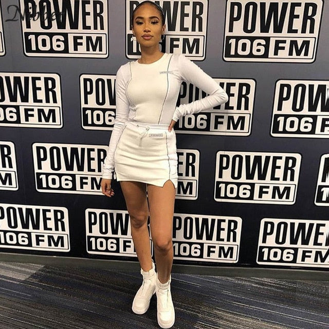 Nibber fashion Reflective patchwork sportswear 2pieces sets femme 2019new white knitting tops women tee mini shirts skirts suits