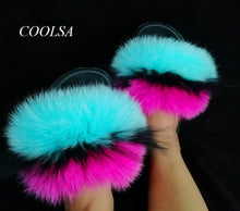 Load image into Gallery viewer, COOLSA Ladies Colorful Fox Fur Fluffy Slippers Women&#39;s Lovely Plush Real Fox Hair Slides Party Furry Flip Flops Women&#39;s Sandals