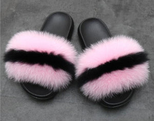 COOLSA Ladies Colorful Fox Fur Fluffy Slippers Women's Lovely Plush Real Fox Hair Slides Party Furry Flip Flops Women's Sandals