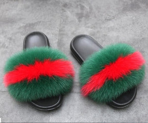 COOLSA Ladies Colorful Fox Fur Fluffy Slippers Women's Lovely Plush Real Fox Hair Slides Party Furry Flip Flops Women's Sandals