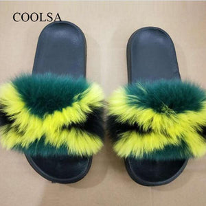 COOLSA Ladies Colorful Fox Fur Fluffy Slippers Women's Lovely Plush Real Fox Hair Slides Party Furry Flip Flops Women's Sandals