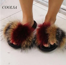Load image into Gallery viewer, COOLSA Ladies Colorful Fox Fur Fluffy Slippers Women&#39;s Lovely Plush Real Fox Hair Slides Party Furry Flip Flops Women&#39;s Sandals