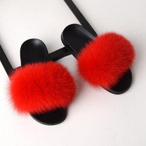 COOLSA Ladies Colorful Fox Fur Fluffy Slippers Women's Lovely Plush Real Fox Hair Slides Party Furry Flip Flops Women's Sandals